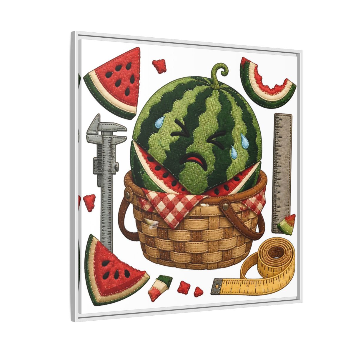 Side Mockup 4. Crying Watermelon Basket shown as framed canvas print