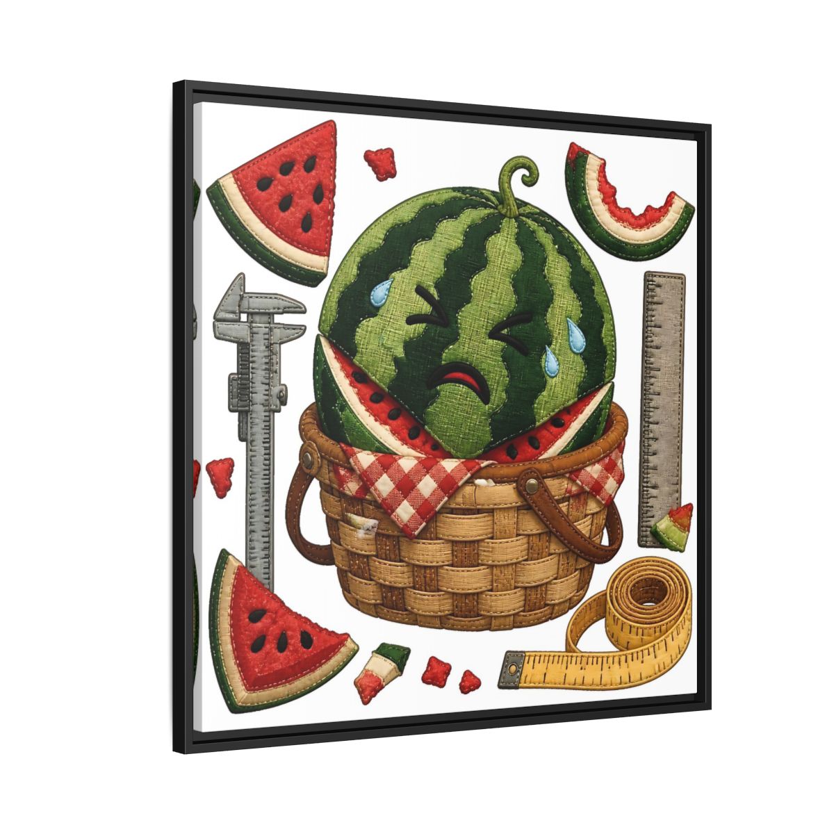 Side Mockup 9. Crying Watermelon Basket shown as framed canvas print