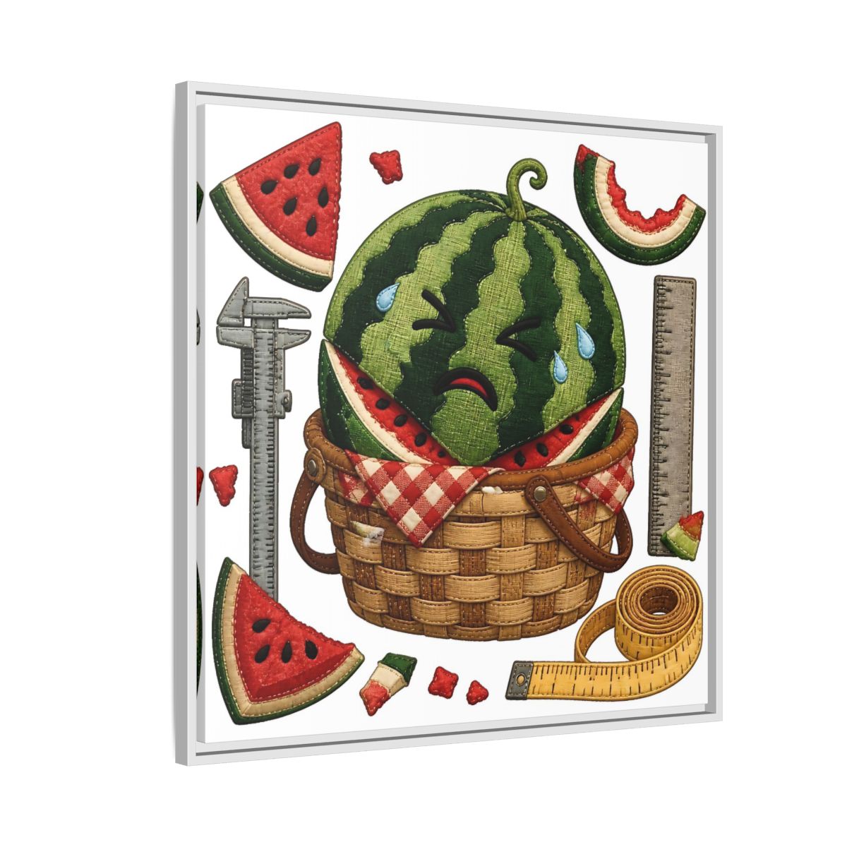 Side Mockup 7. Crying Watermelon Basket shown as framed canvas print
