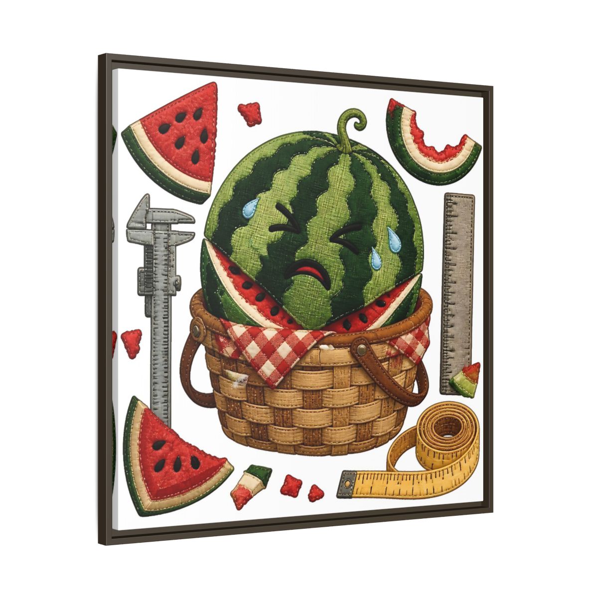 Main Mockup. Crying Watermelon Basket shown as framed canvas print