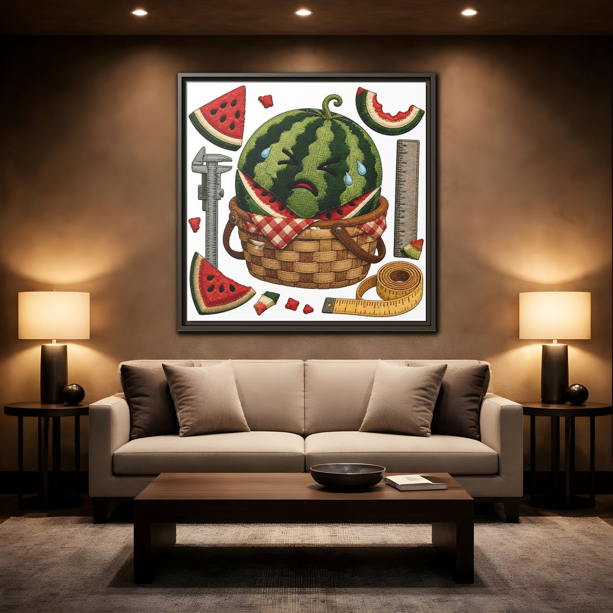 Mockup 2. Crying Watermelon Basket shown as framed canvas print