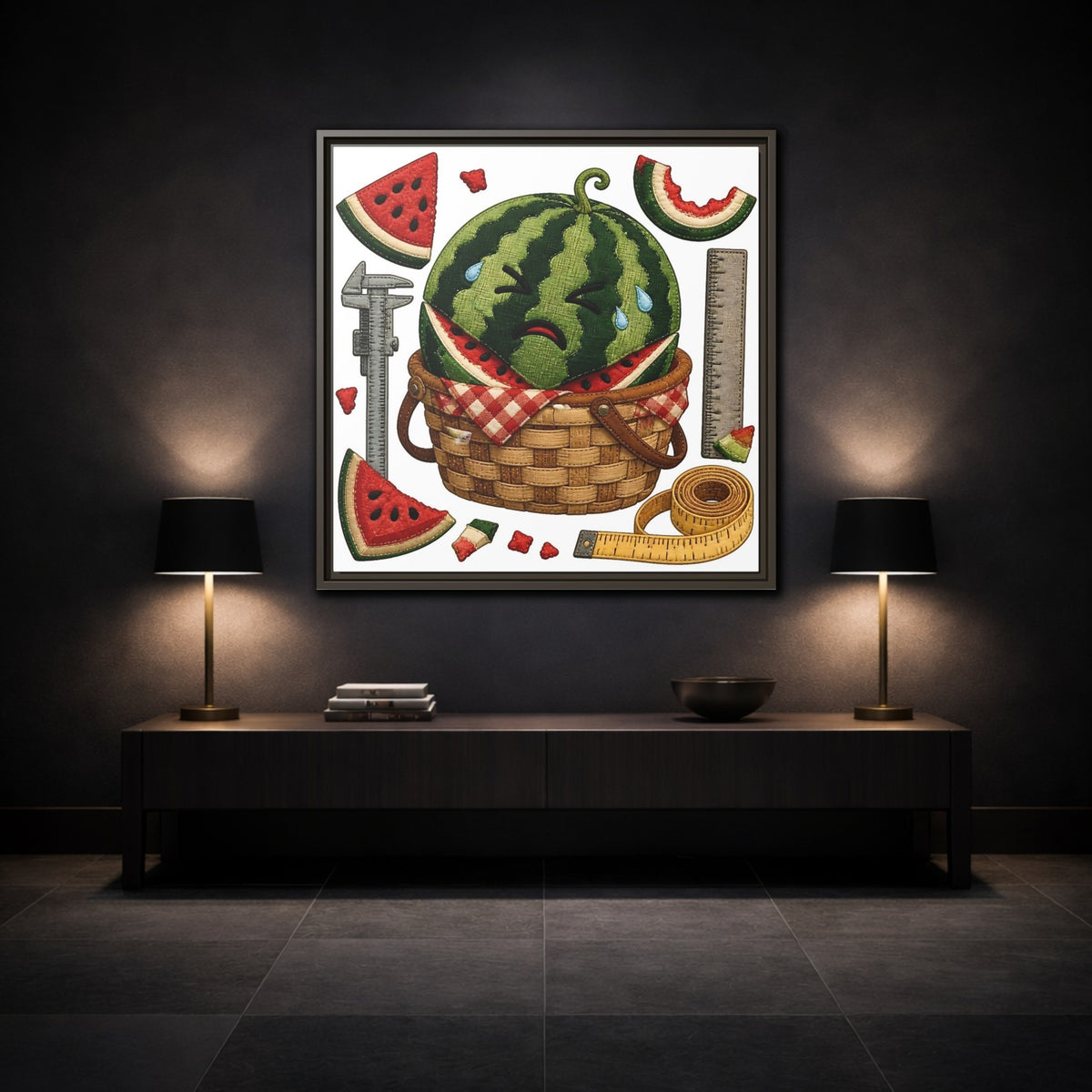 Mockup 3. Crying Watermelon Basket shown as framed canvas print