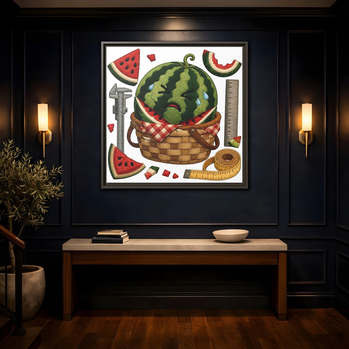 Mockup 4. Crying Watermelon Basket shown as framed canvas print