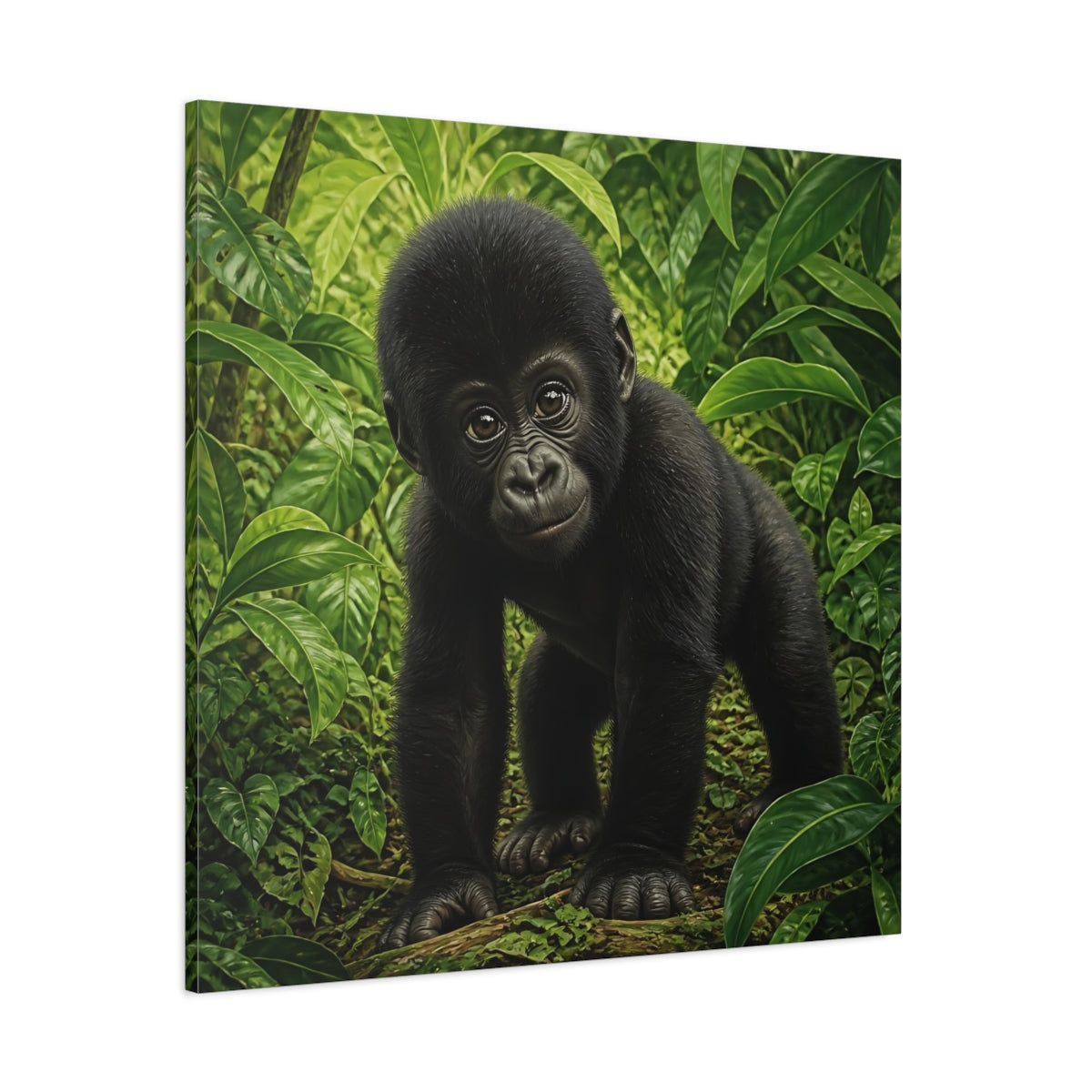 Side Mockup 1. Curious Baby Gorilla shown as canvas print