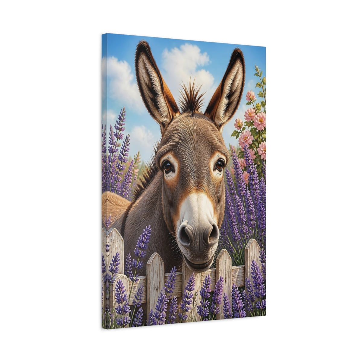 Side Mockup 2. Curious Donkey In Lavender shown as canvas print