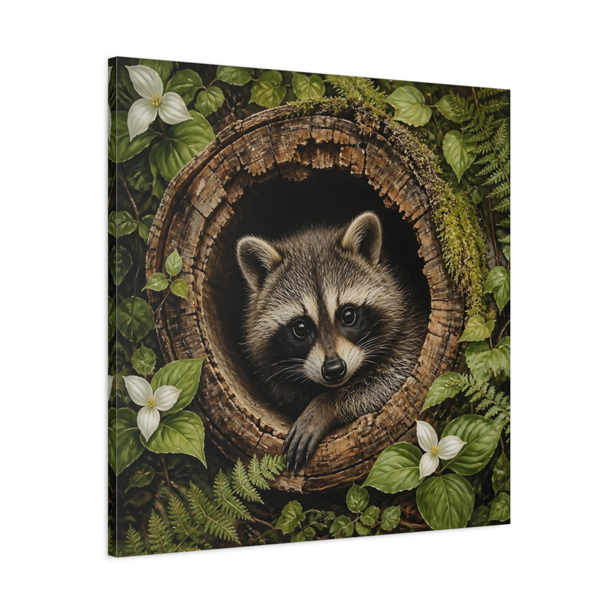 Side Mockup 3. Curious Raccoon In Hollow Log shown as canvas print