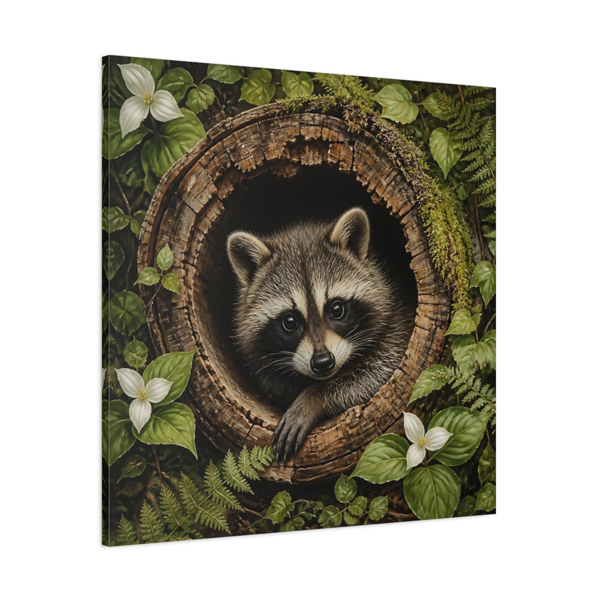 Side Mockup 1. Curious Raccoon In Hollow Log shown as canvas print