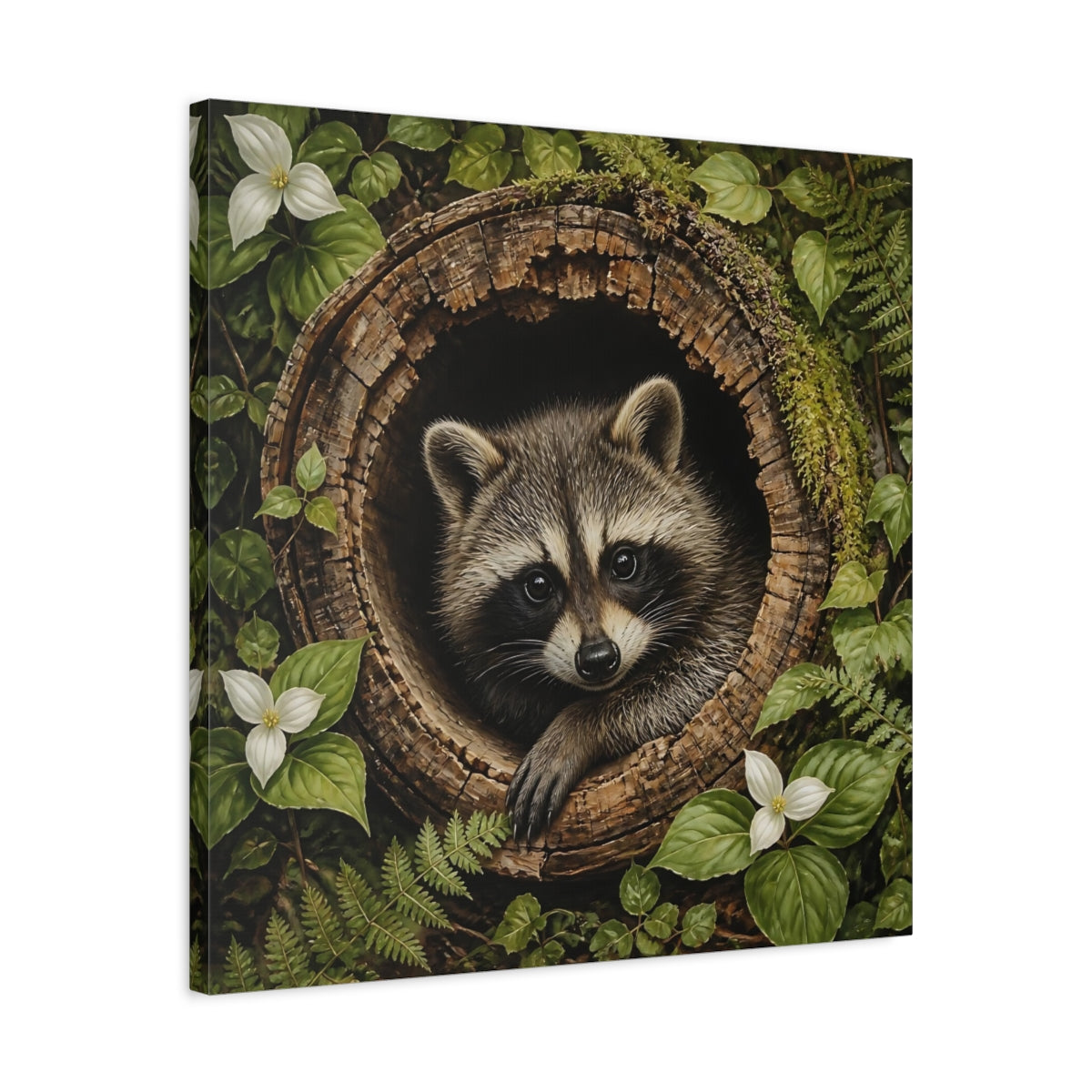 Side Mockup 4. Curious Raccoon In Hollow Log shown as canvas print