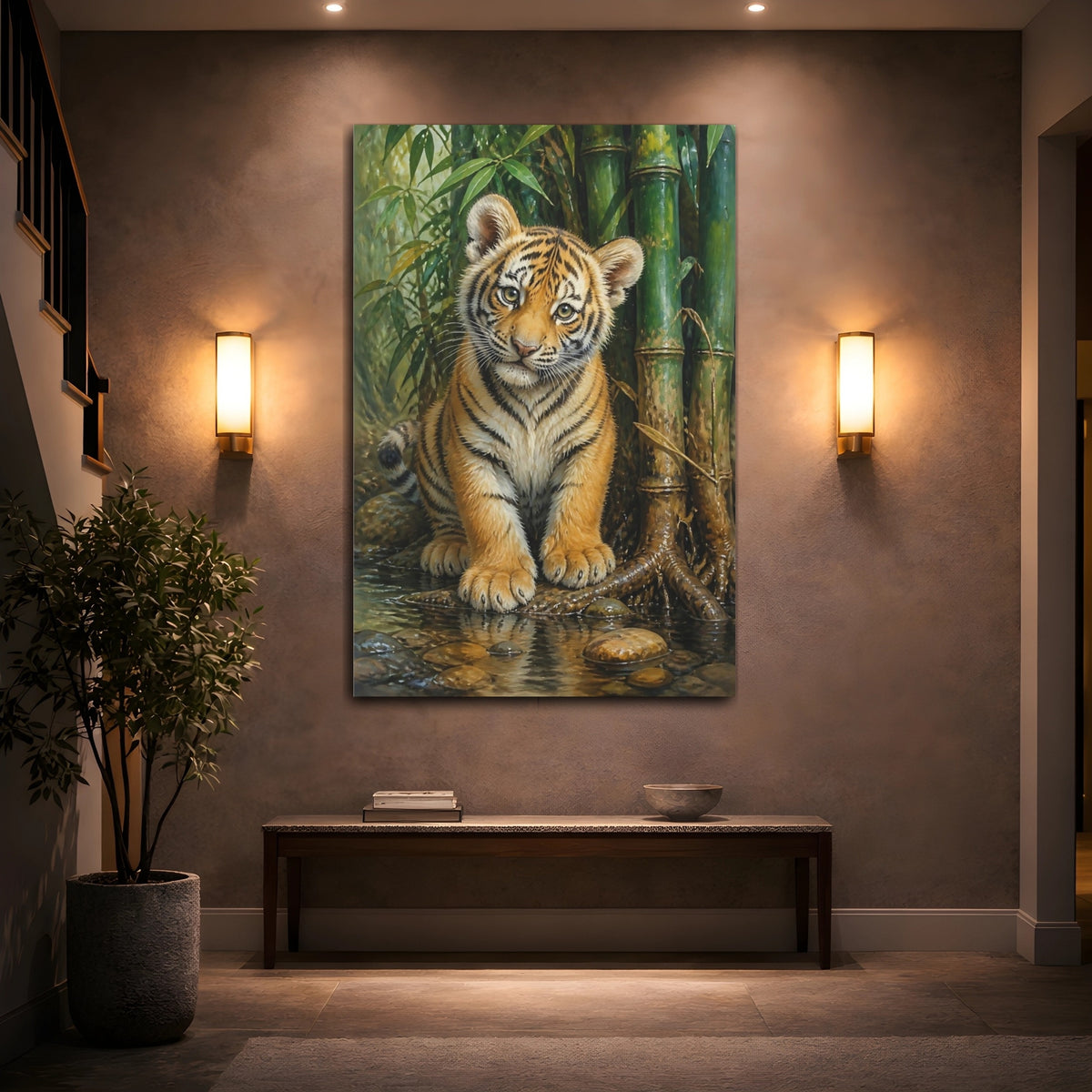 Mockup 2. Curious Tiger Cub shown as canvas print