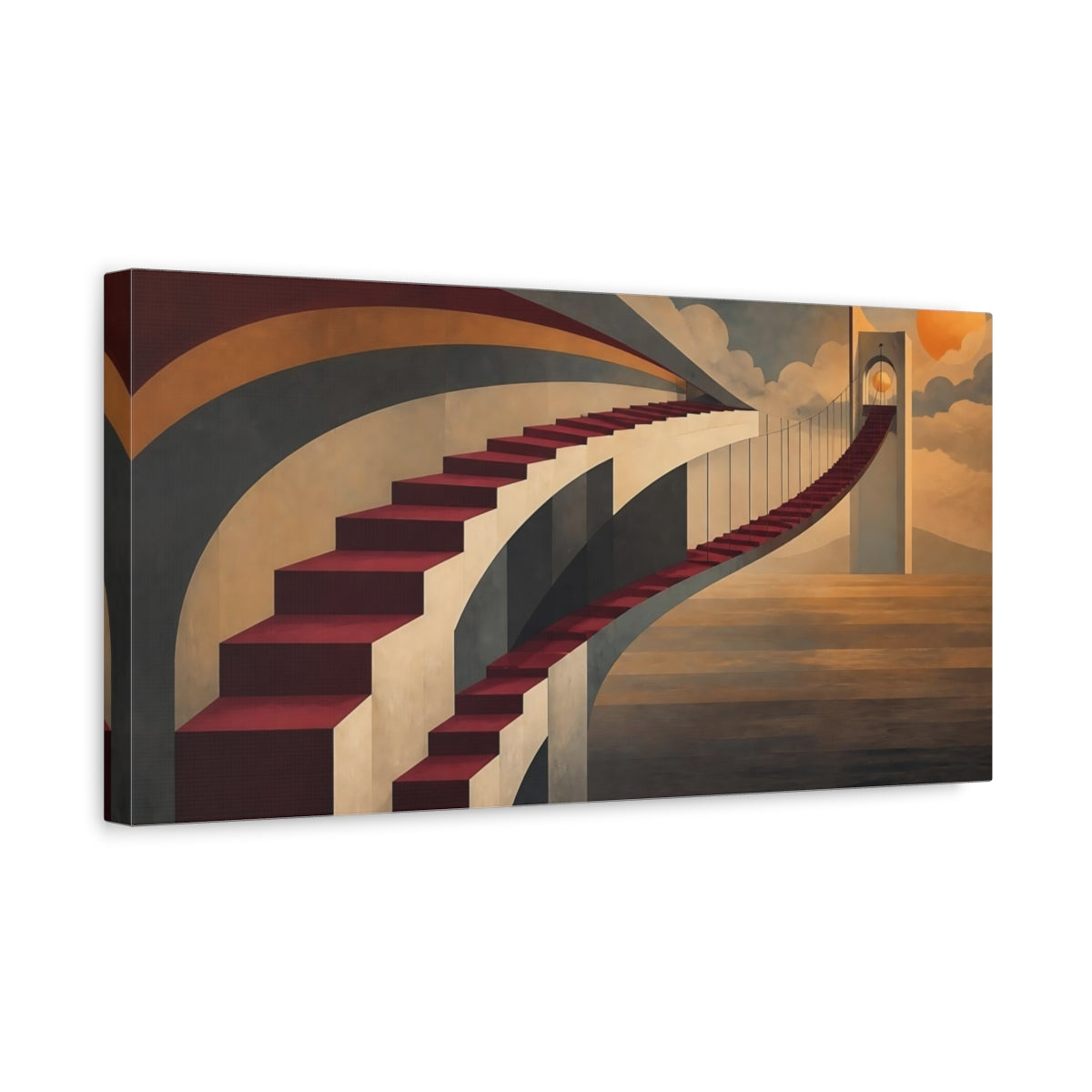 Side Mockup 3. Curved Red Staircase Bridge shown as canvas print