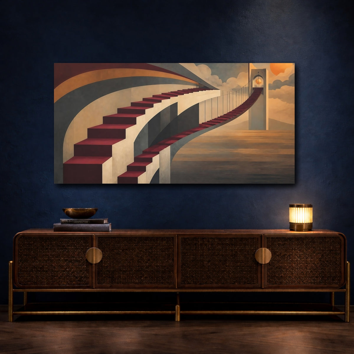 Mockup 4. Curved Red Staircase Bridge shown as canvas print