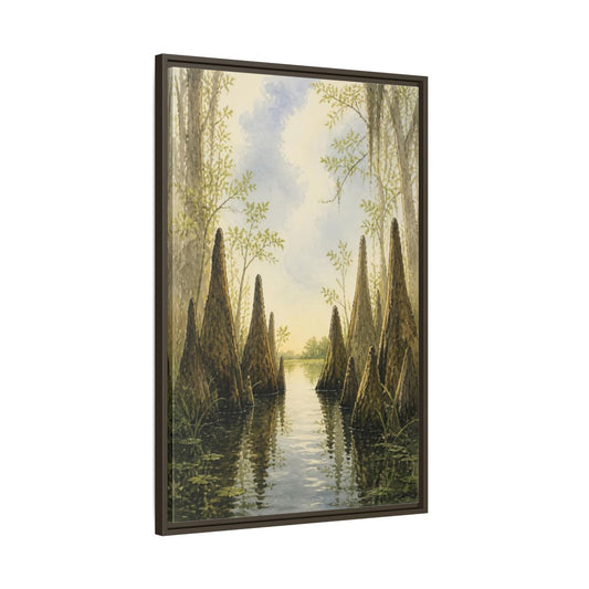 Main Mockup. Cypress Knees In Nature shown as framed canvas print