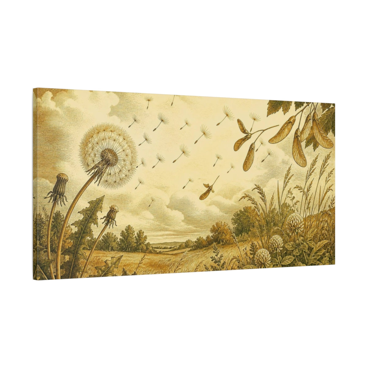 Main Mockup. Dandelion Seed Flight shown as canvas print