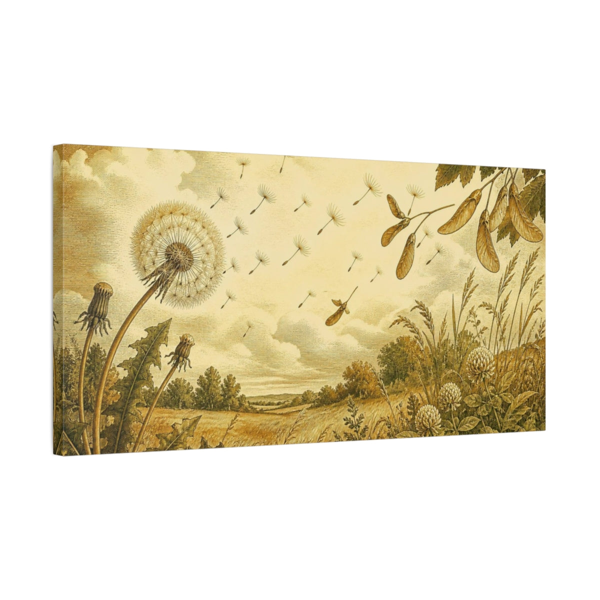 Side Mockup 1. Dandelion Seed Flight shown as canvas print