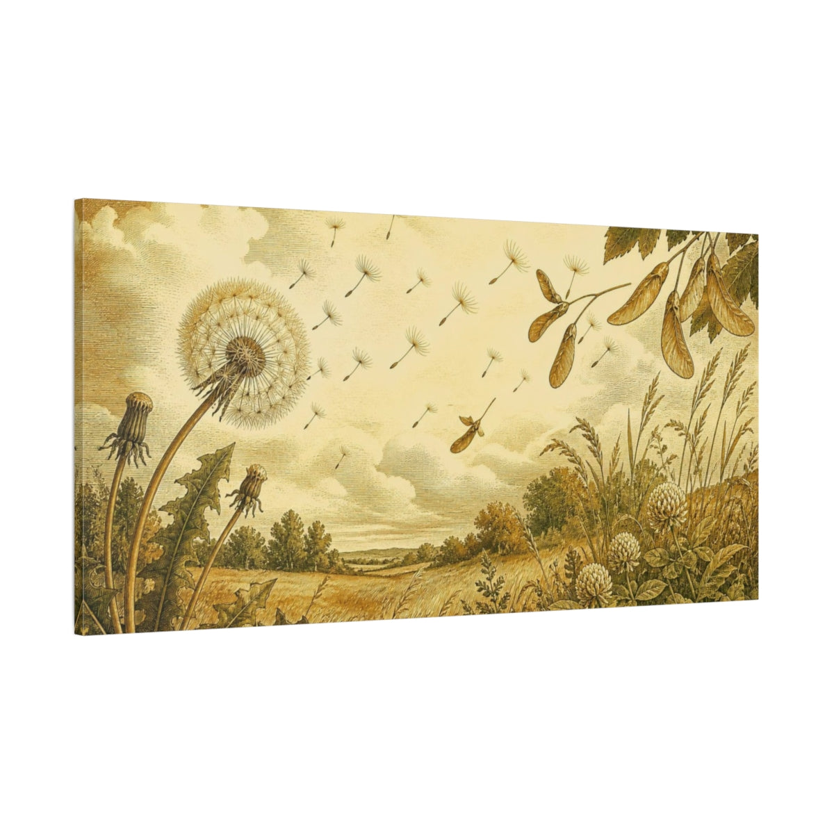 Side Mockup 2. Dandelion Seed Flight shown as canvas print