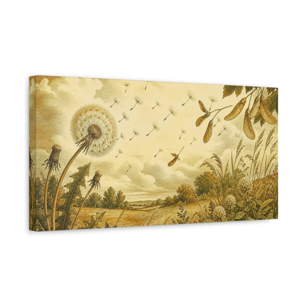 Side Mockup 3. Dandelion Seed Flight shown as canvas print