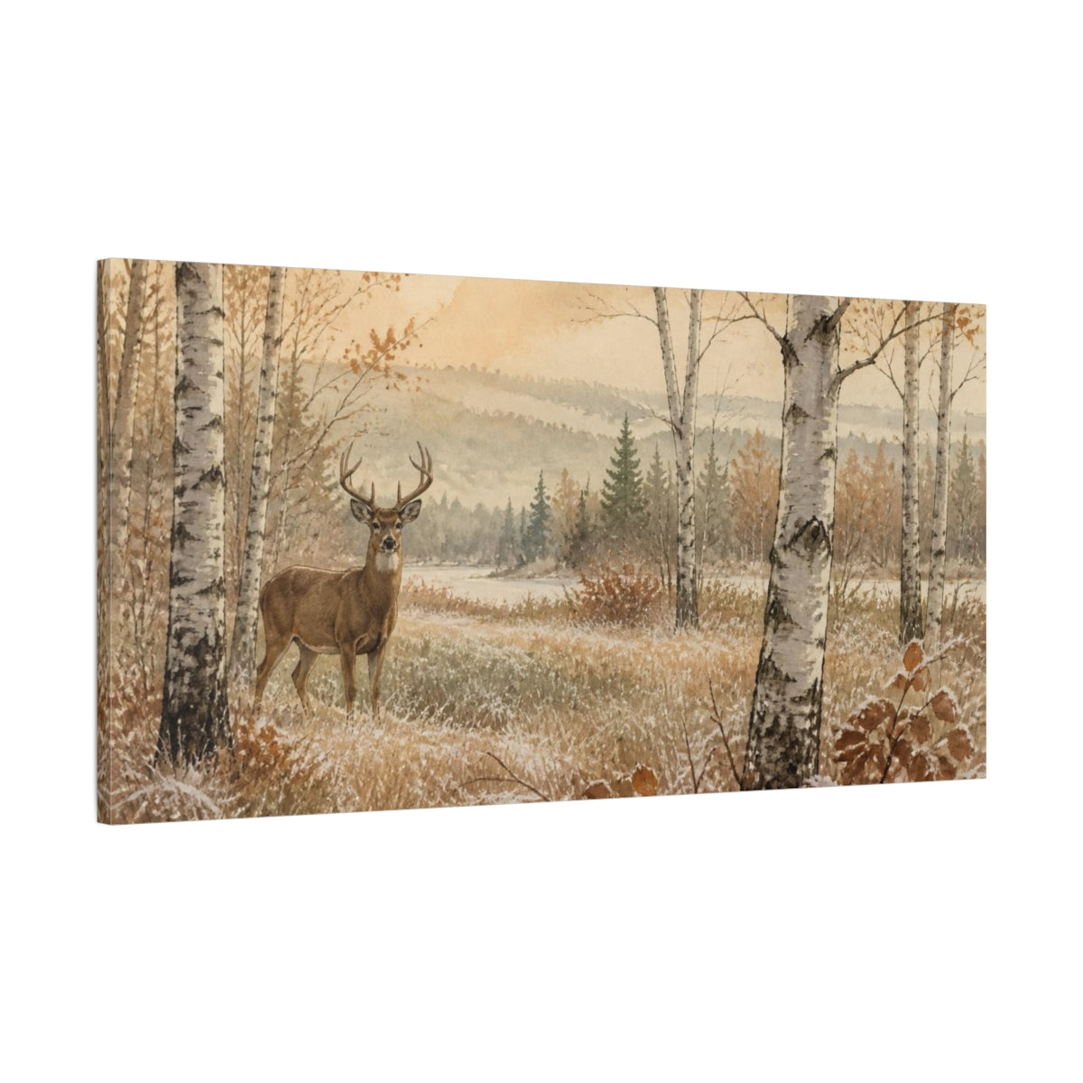 Main Mockup. Deer In Birch Clearing shown as canvas print