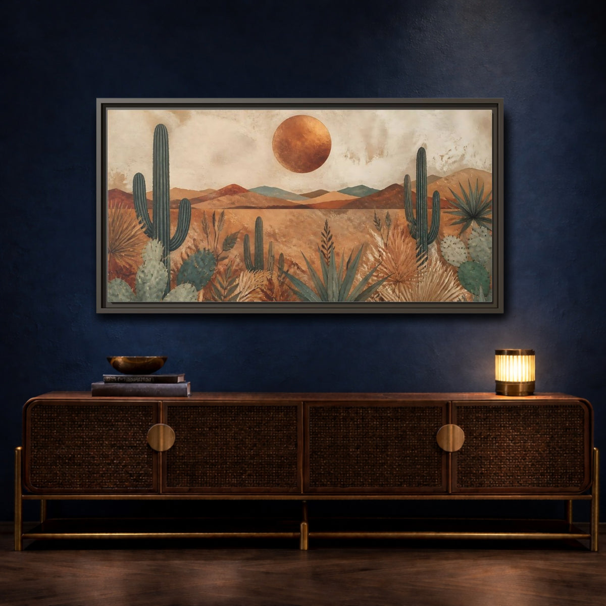 Mockup 4. Desert Cactus Sunset shown as framed canvas print