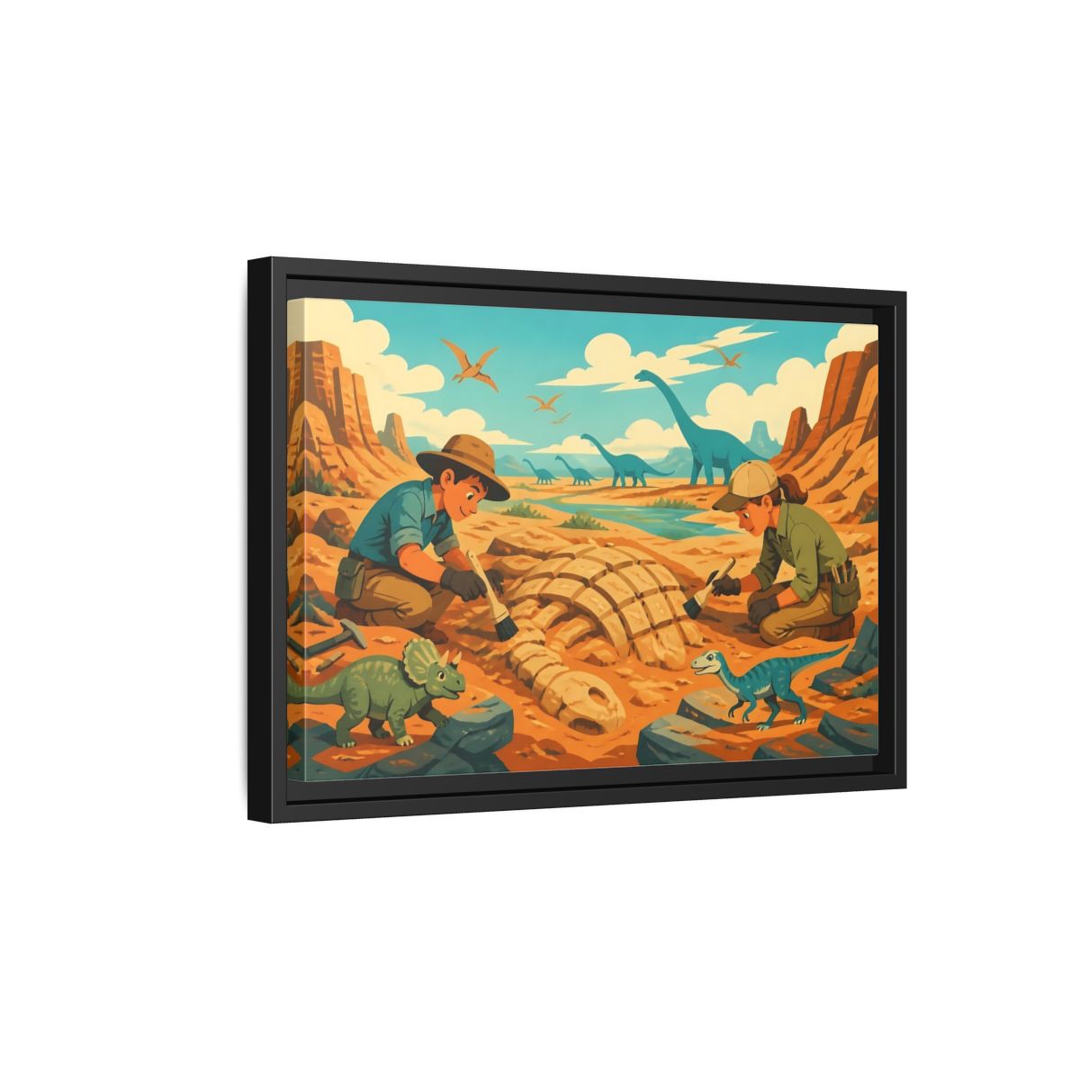 Side Mockup 6. Dinosaur Fossil Excavation shown as framed canvas print