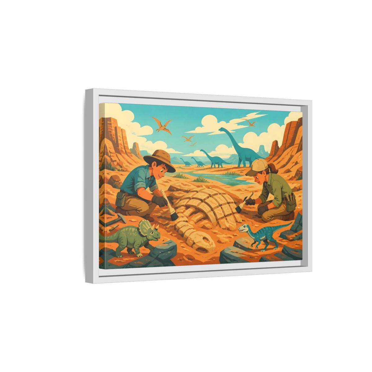 Side Mockup 4. Dinosaur Fossil Excavation shown as framed canvas print