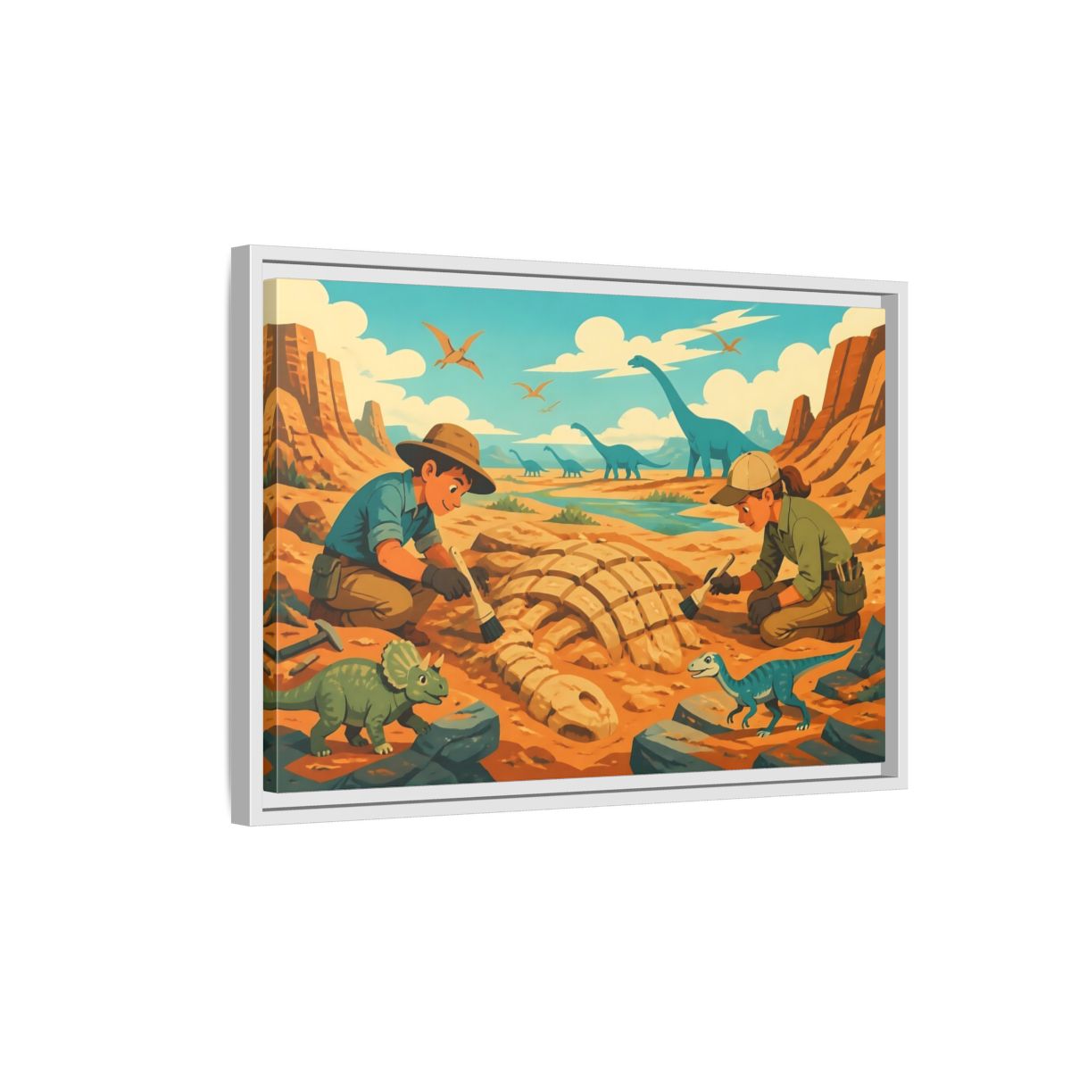 Side Mockup 1. Dinosaur Fossil Excavation shown as framed canvas print