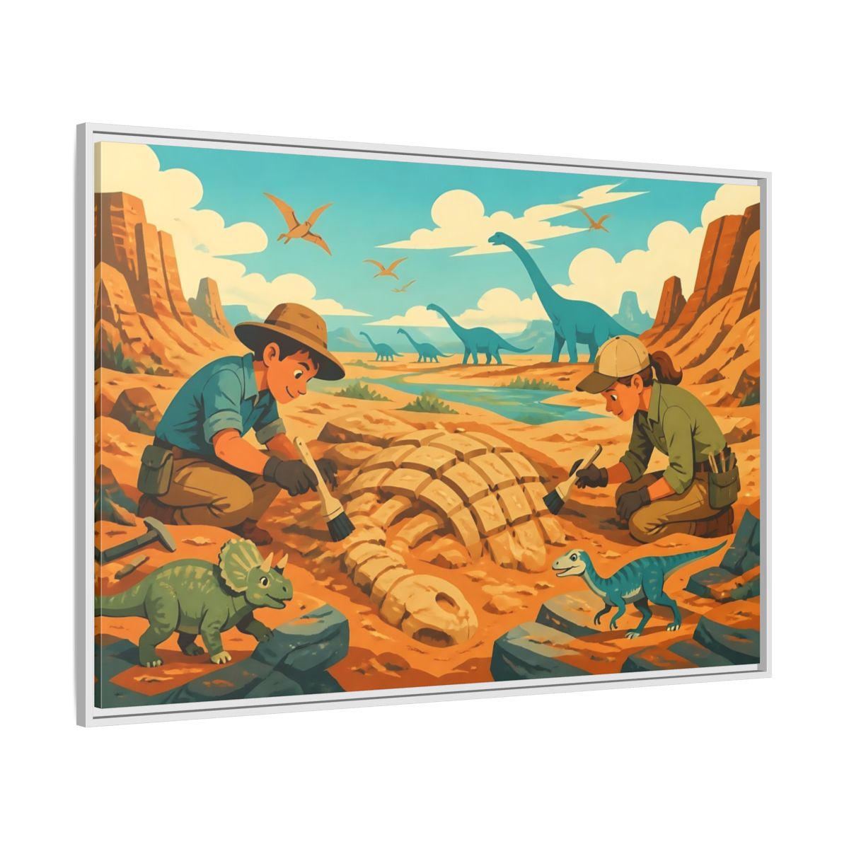 Side Mockup 7. Dinosaur Fossil Excavation shown as framed canvas print