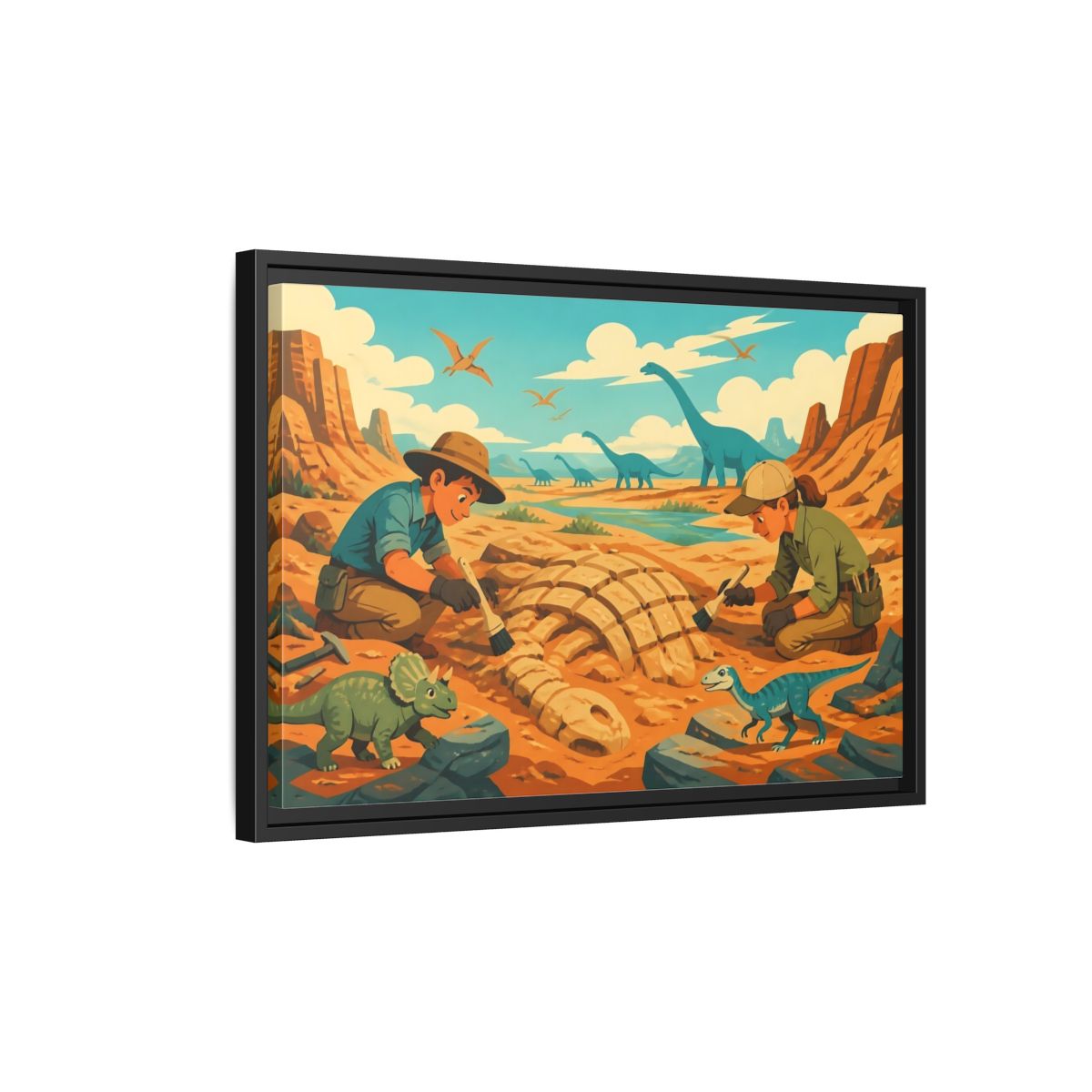 Side Mockup 3. Dinosaur Fossil Excavation shown as framed canvas print