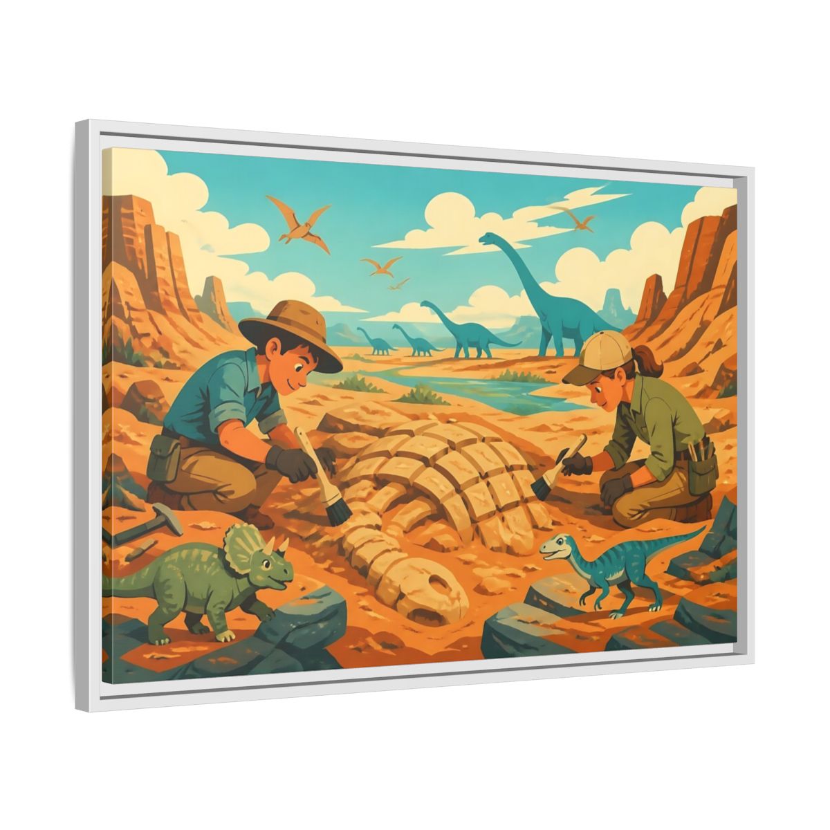 Side Mockup 10. Dinosaur Fossil Excavation shown as framed canvas print