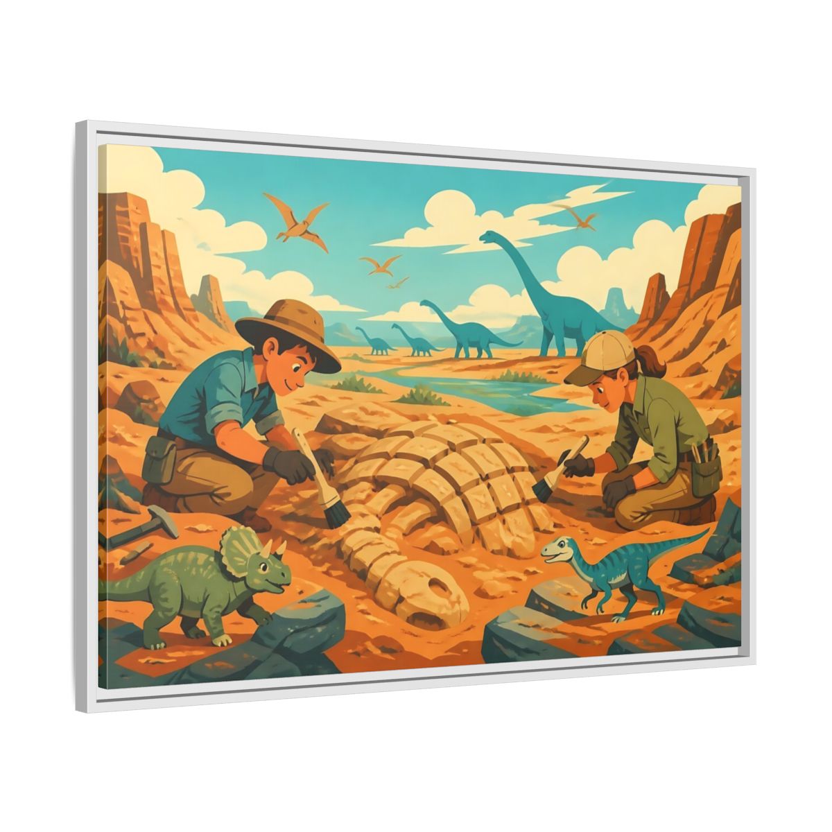 Side Mockup 9. Dinosaur Fossil Excavation shown as framed canvas print