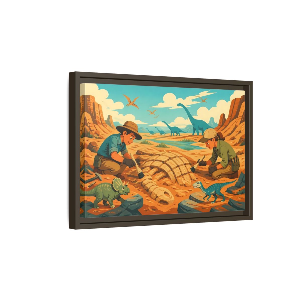 Side Mockup 5. Dinosaur Fossil Excavation shown as framed canvas print