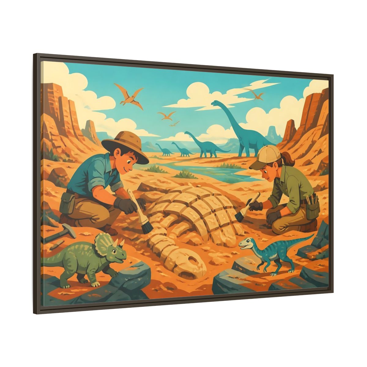 Side Mockup 8. Dinosaur Fossil Excavation shown as framed canvas print