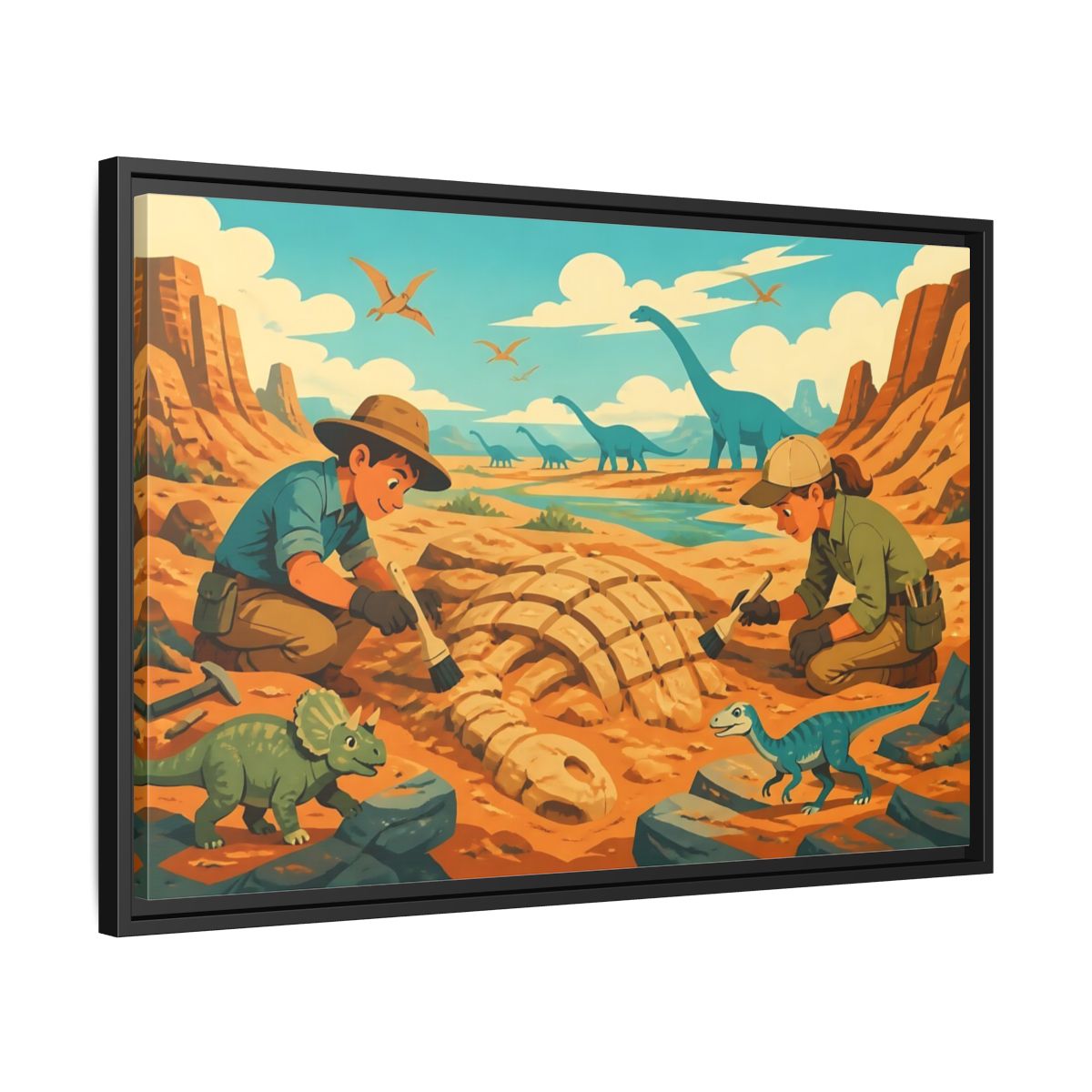 Side Mockup 14. Dinosaur Fossil Excavation shown as framed canvas print