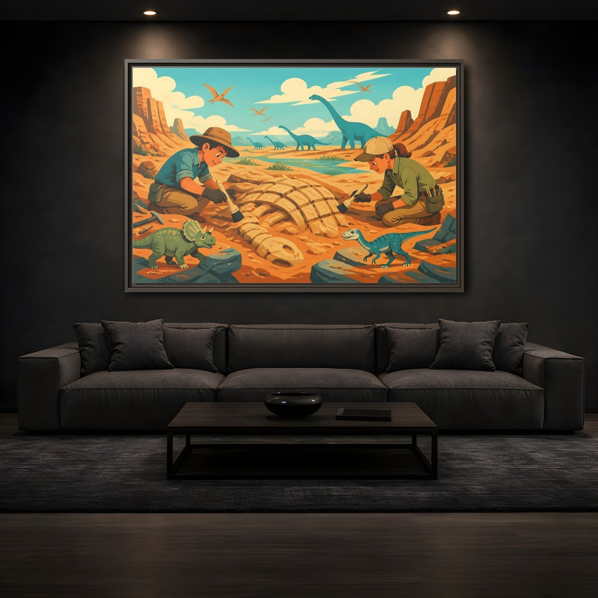 Mockup 3. Dinosaur Fossil Excavation shown as framed canvas print
