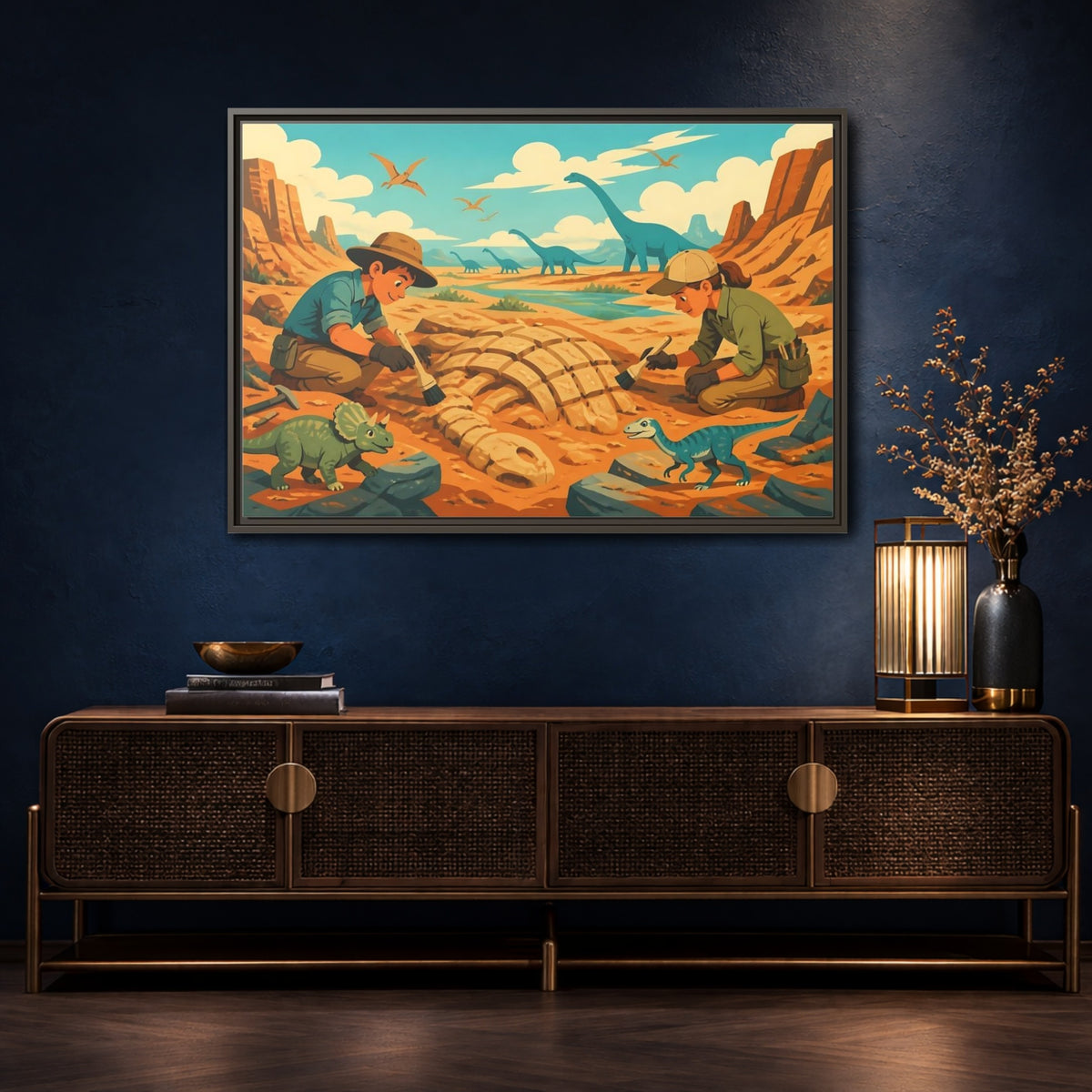 Mockup 4. Dinosaur Fossil Excavation shown as framed canvas print