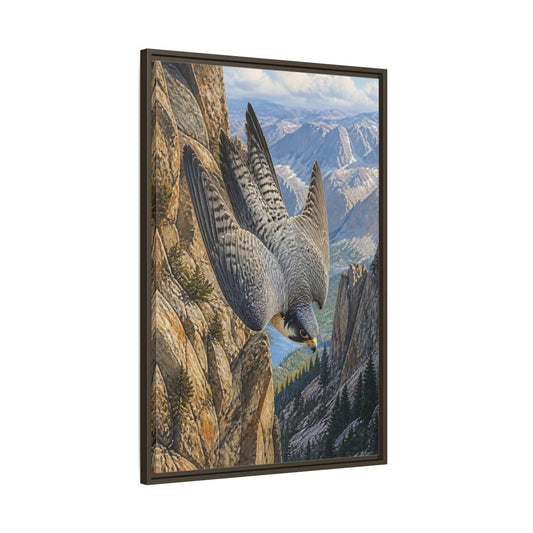Main Mockup. Diving Peregrine Falcon shown as framed canvas print
