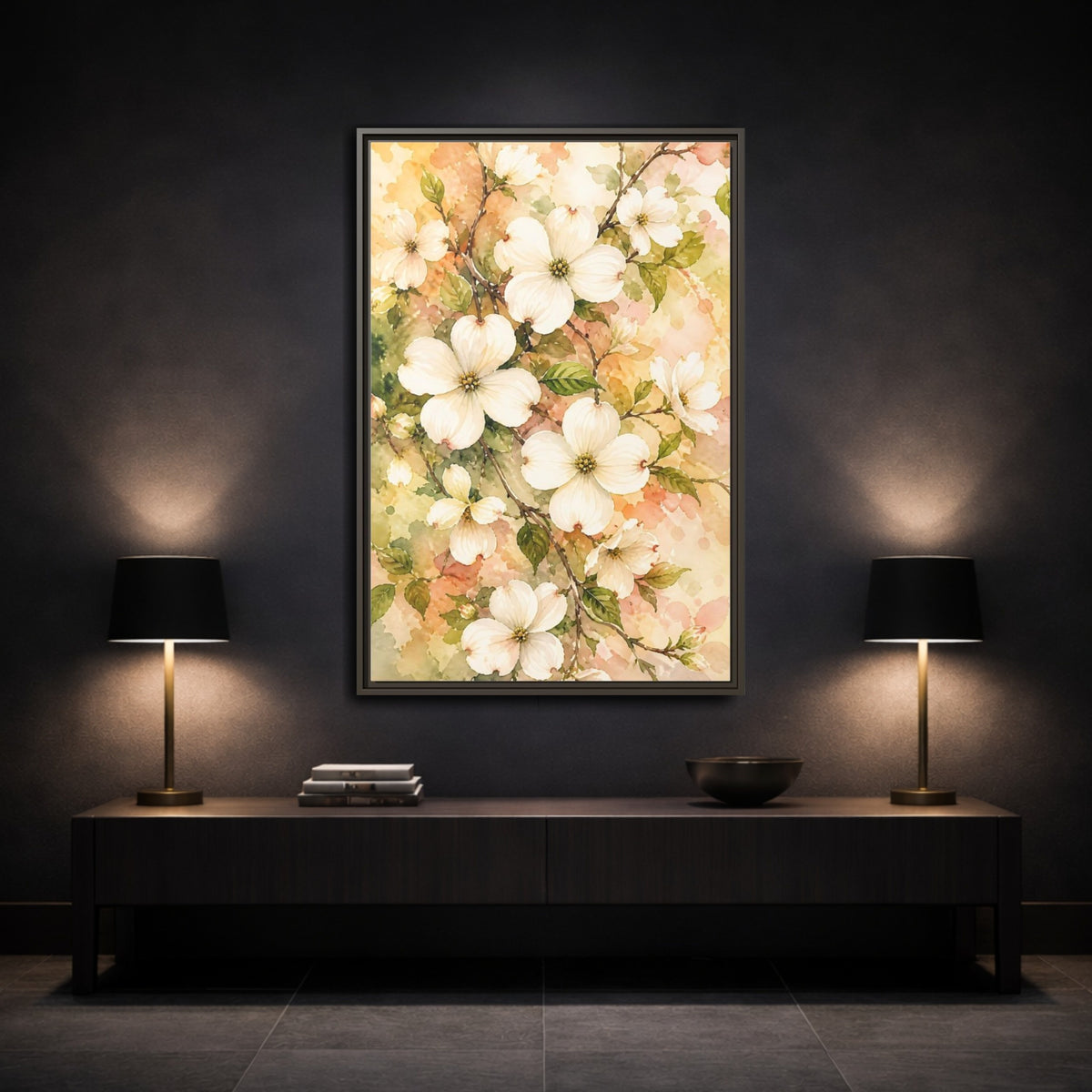 Mockup 3. Dogwood Floral Branch shown as framed canvas print