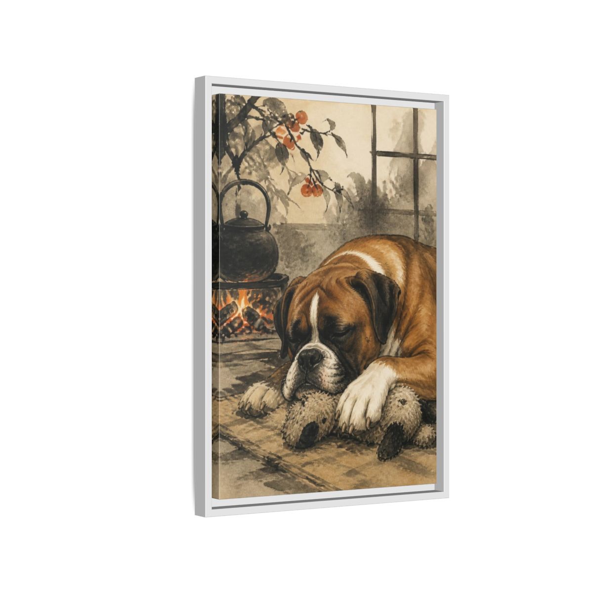 Side Mockup 1. Dozing Boxer Pet shown as framed canvas print