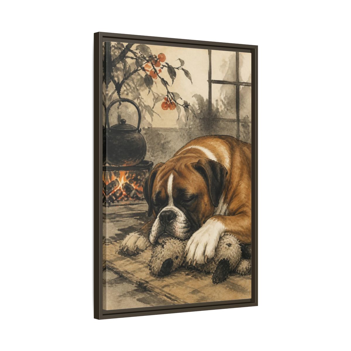 Side Mockup 11. Dozing Boxer Pet shown as framed canvas print