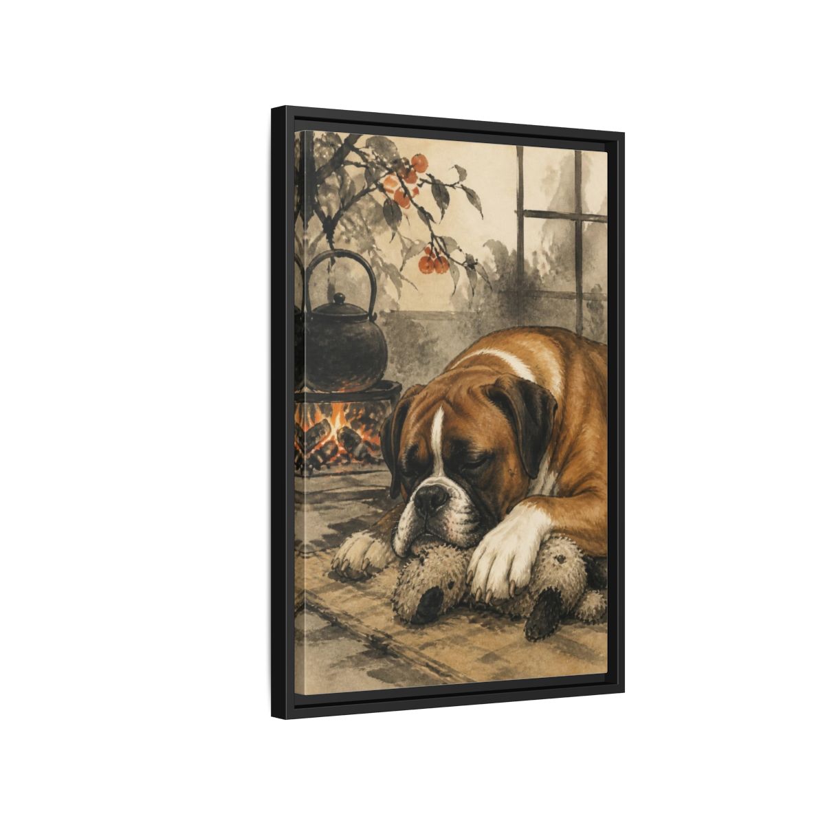 Side Mockup 3. Dozing Boxer Pet shown as framed canvas print