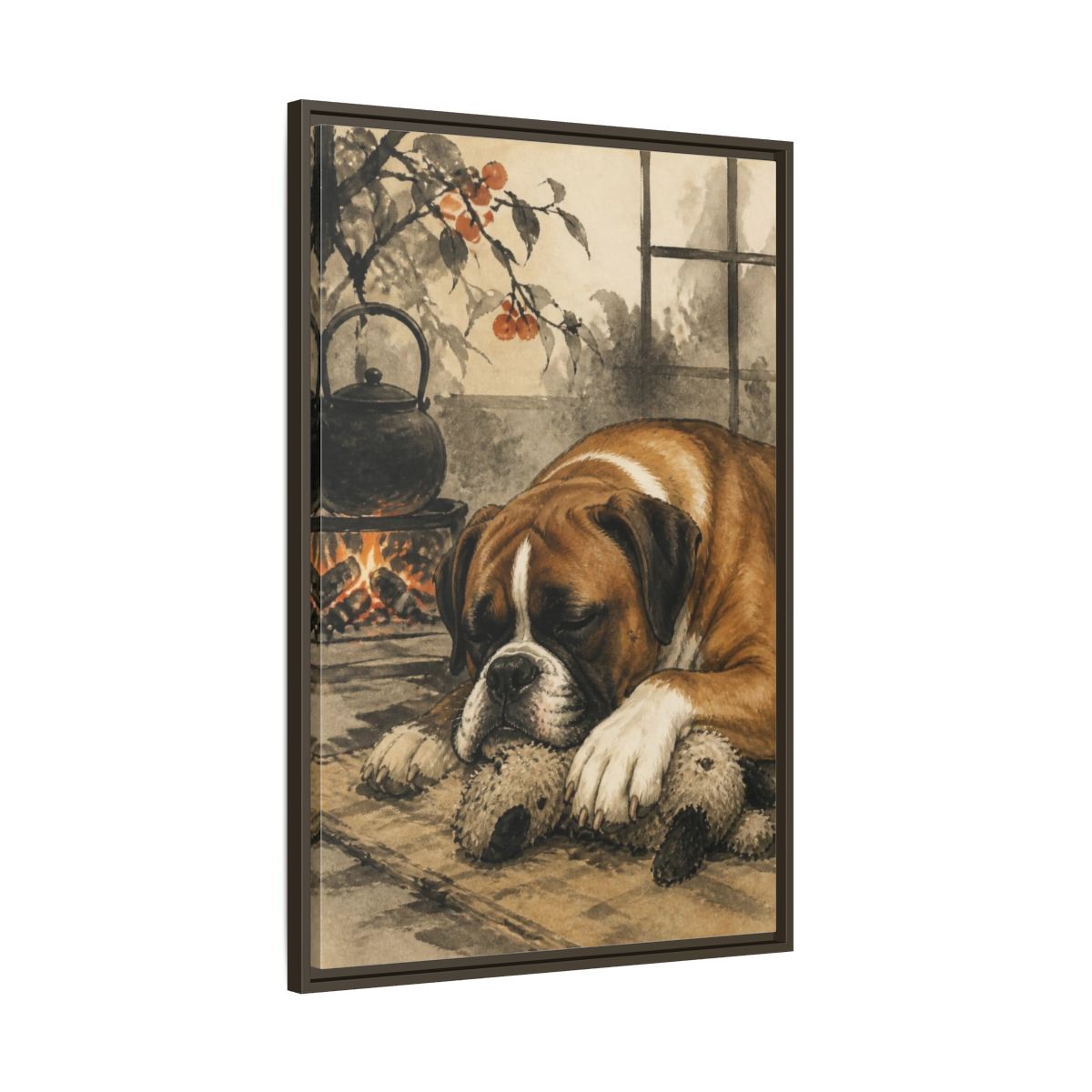 Main Mockup. Dozing Boxer Pet shown as framed canvas print