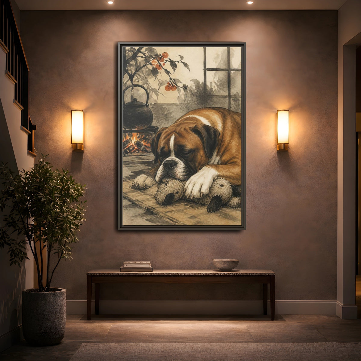 Mockup 2. Dozing Boxer Pet shown as framed canvas print