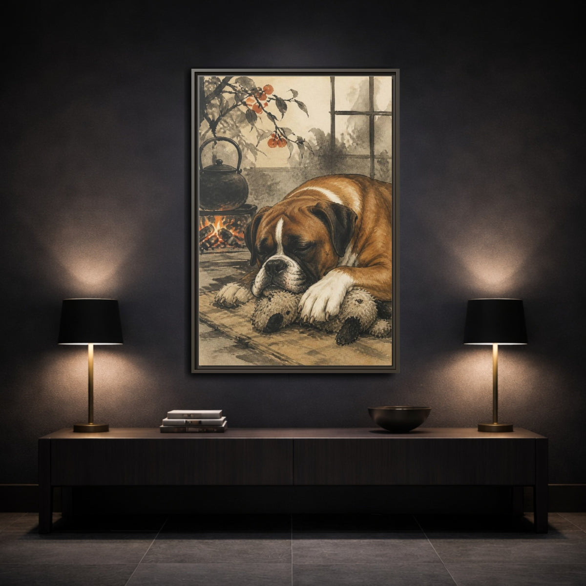 Mockup 3. Dozing Boxer Pet shown as framed canvas print