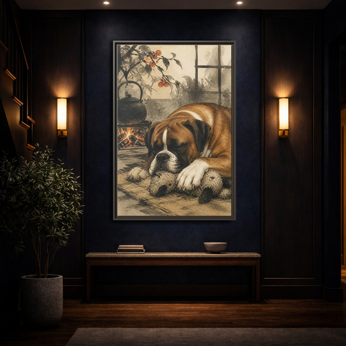 Mockup 4. Dozing Boxer Pet shown as framed canvas print