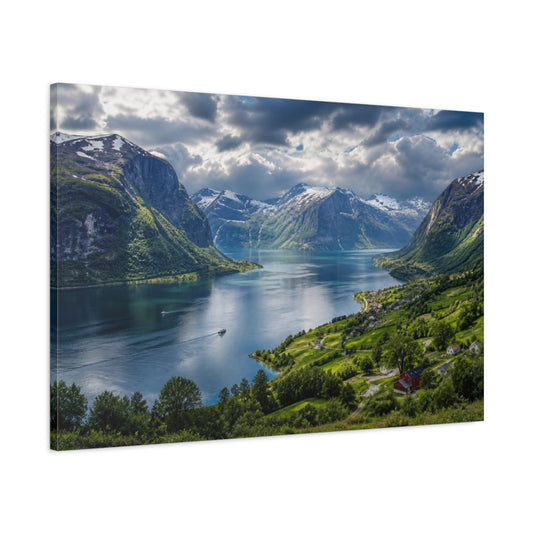 Main Mockup. Dramatic Fjord Village shown as canvas print