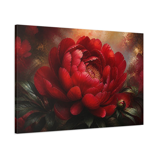 Main Mockup. Dramatic Red Peony Flower shown as canvas print