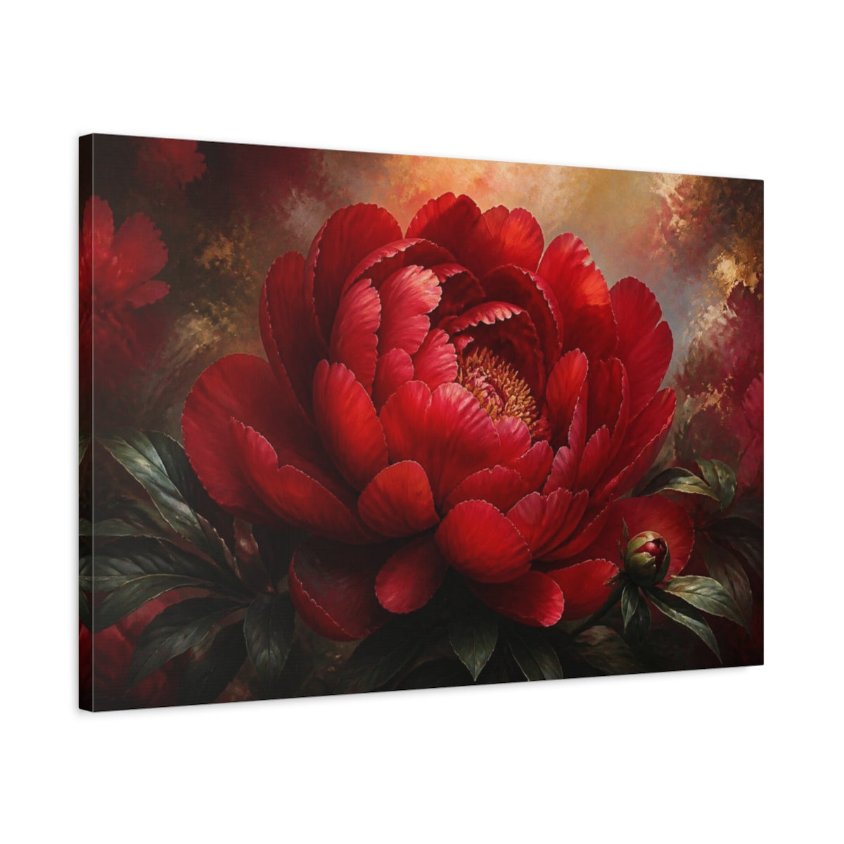 Side Mockup 2. Dramatic Red Peony Flower shown as canvas print