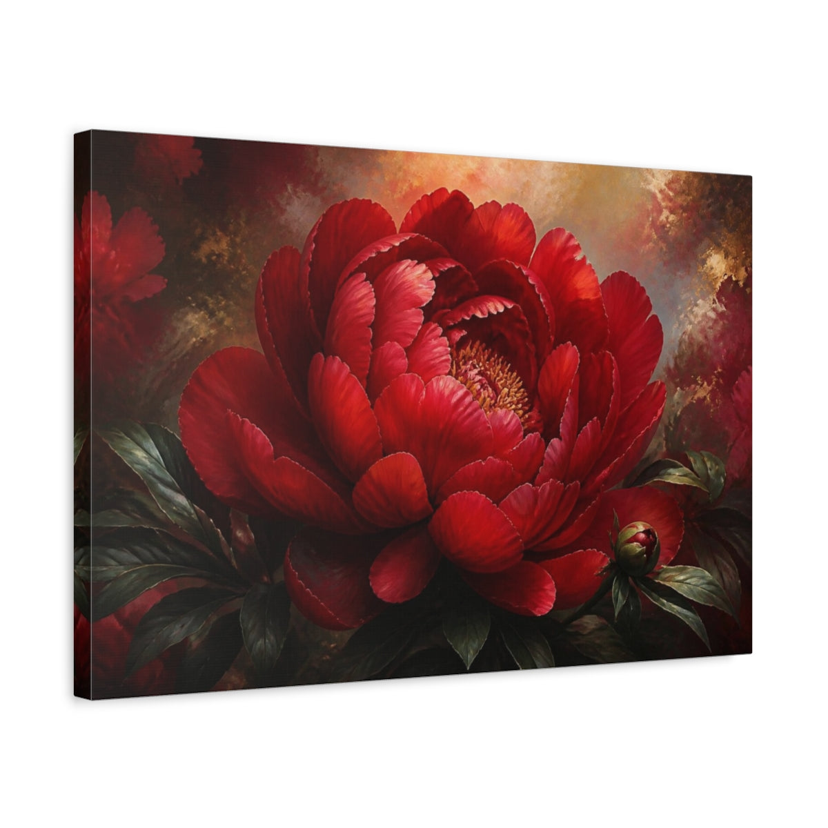 Side Mockup 3. Dramatic Red Peony Flower shown as canvas print