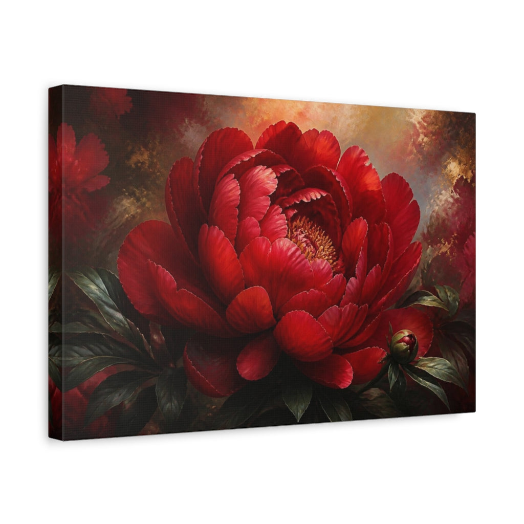 Side Mockup 4. Dramatic Red Peony Flower shown as canvas print