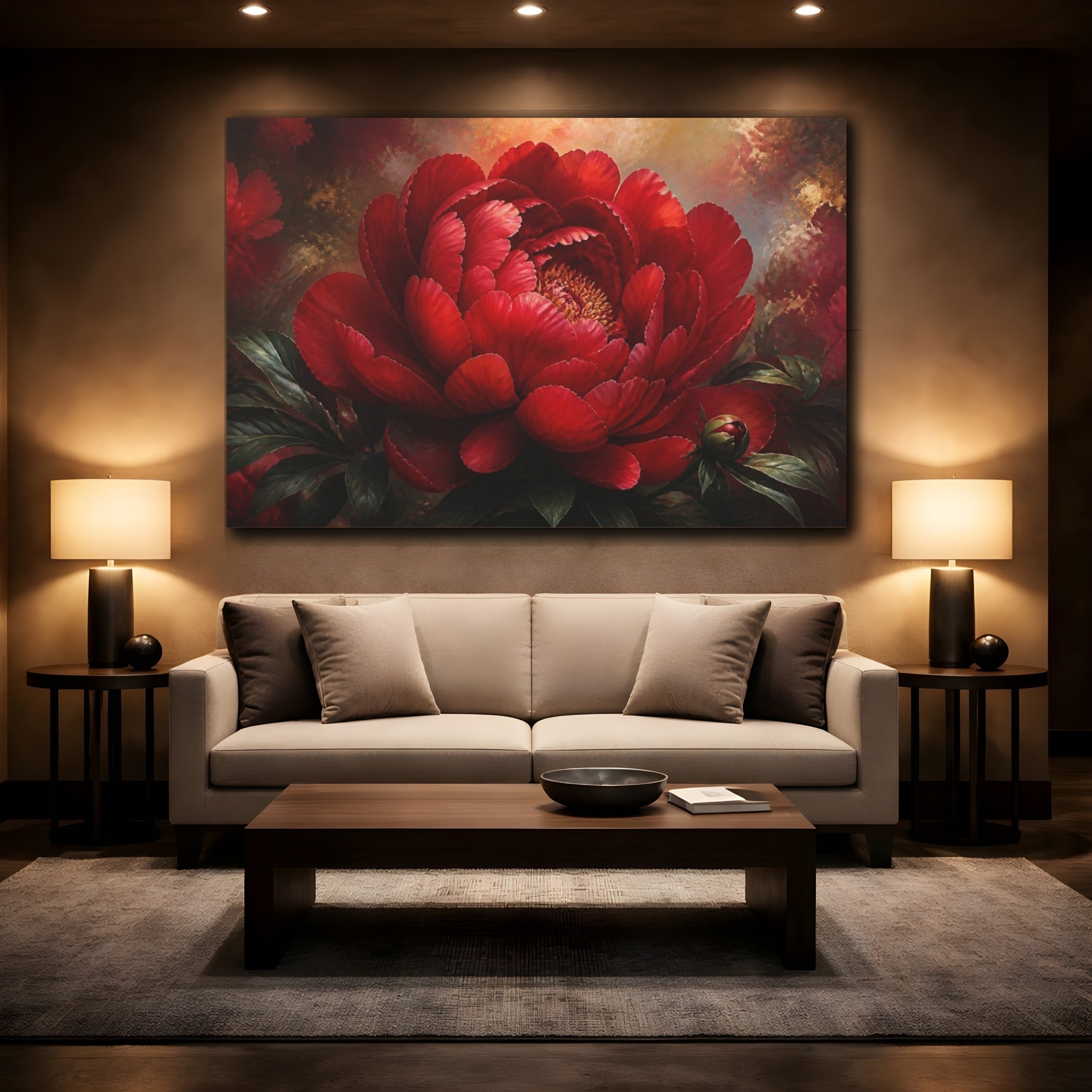 Mockup 2. Dramatic Red Peony Flower shown as canvas print
