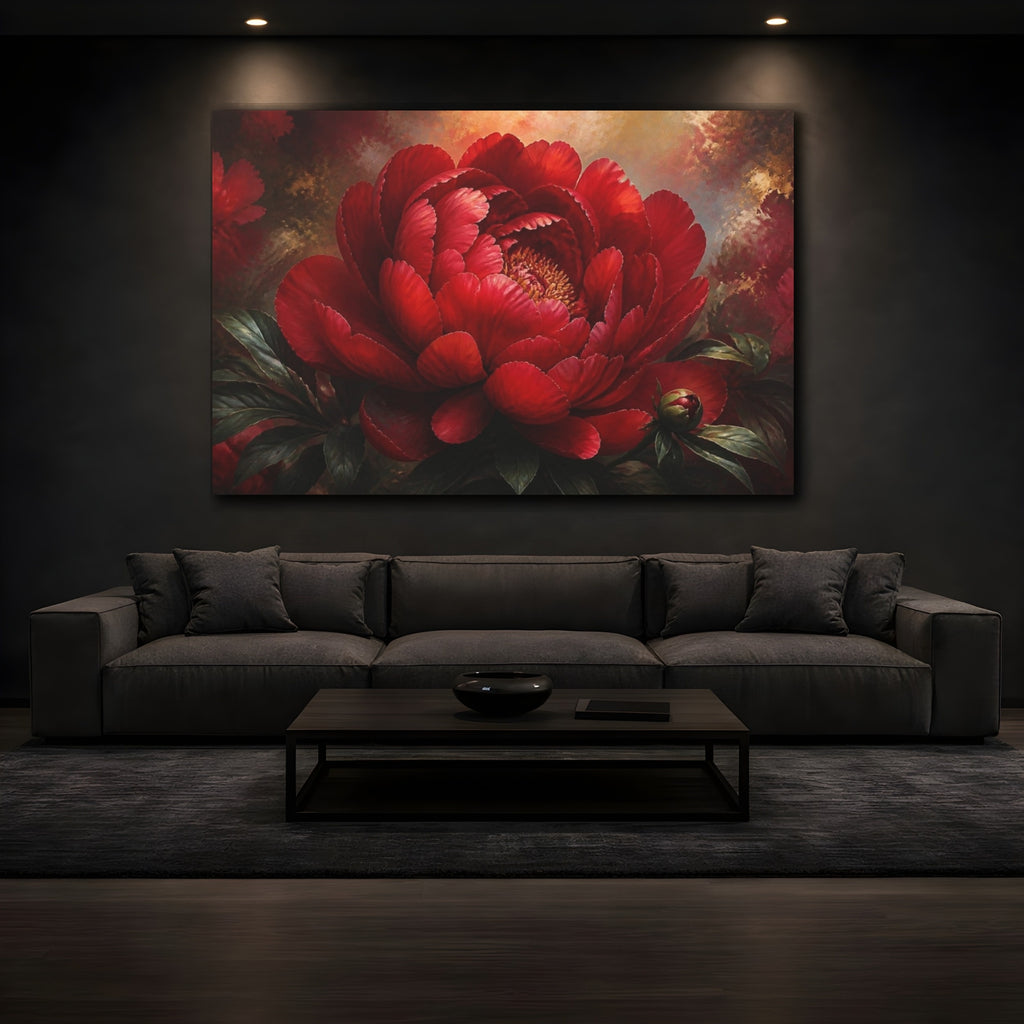 Mockup 3. Dramatic Red Peony Flower shown as canvas print